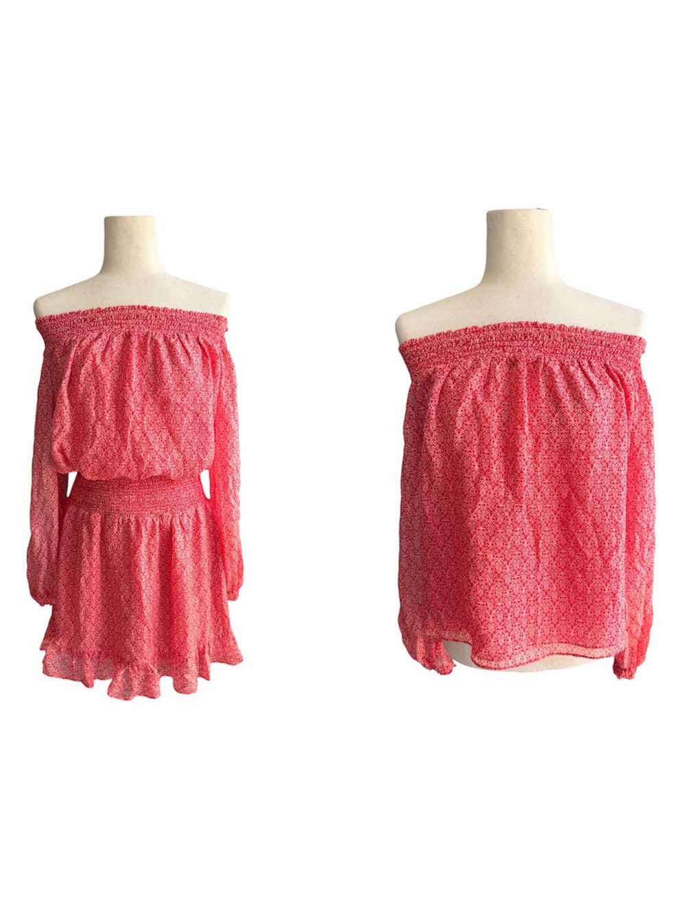 Intermix 100% silk top, OTS patterned long sleeve red, white smocked detail L
